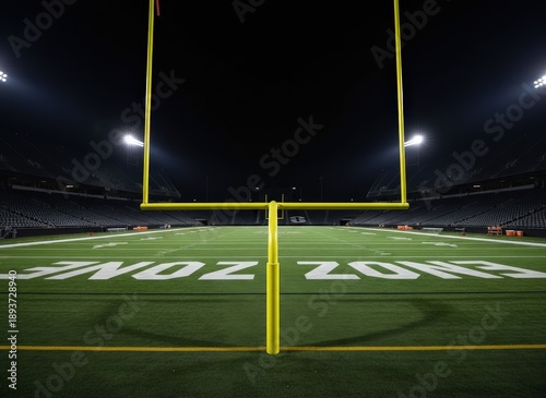 American football field goalposts illuminated at night, stadium lights shining on the green turf