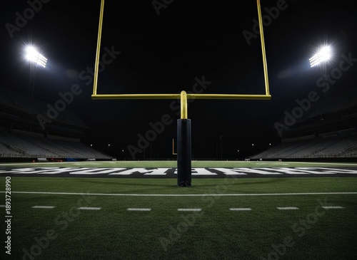 American football stadium at night with goalposts visible on the field under bright lights, ready for a game