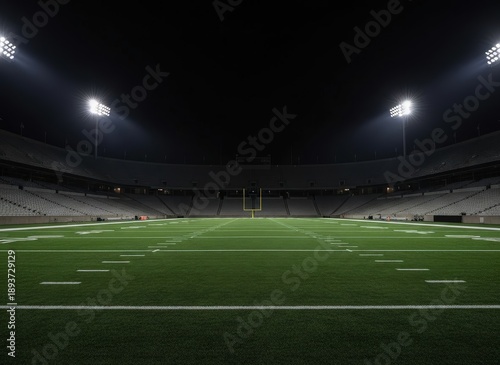 Aerial view of a star-shaped logo on a sports field at night in a large stadium