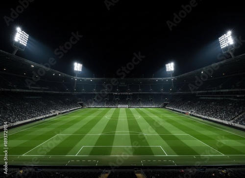 Aerial view of a star-shaped logo on a sports field at night in a large stadium