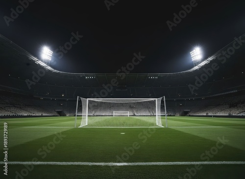 Aerial view of a star-shaped logo on a sports field at night in a large stadium