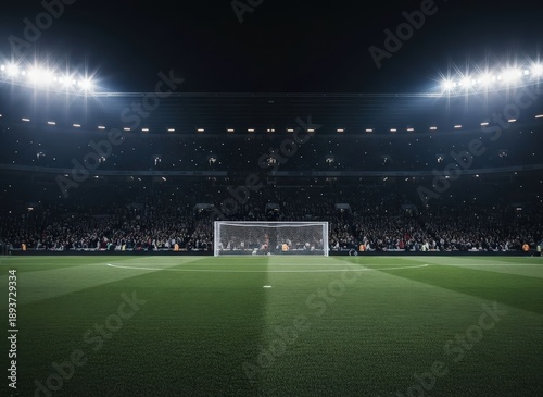 Aerial view of a star-shaped logo on a sports field at night in a large stadium