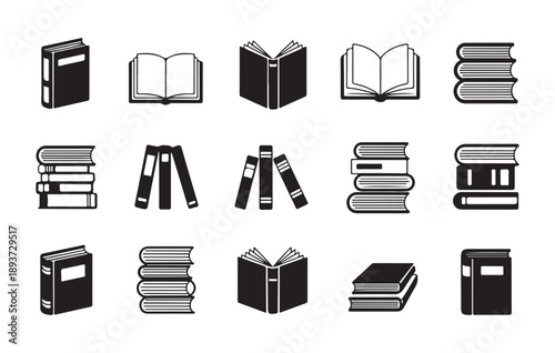 Tableau sur toile Black book icons set with different styles of spines and open pages for professi