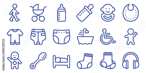 Baby Nursery Icons Set with Stroller, Clothing, and Feeding Essentials