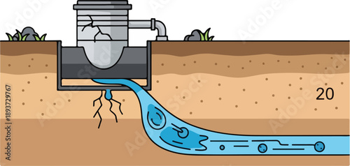 Water flowing from industrial machinery into the ground via underground pipes and tubes, depicting an environmental scene