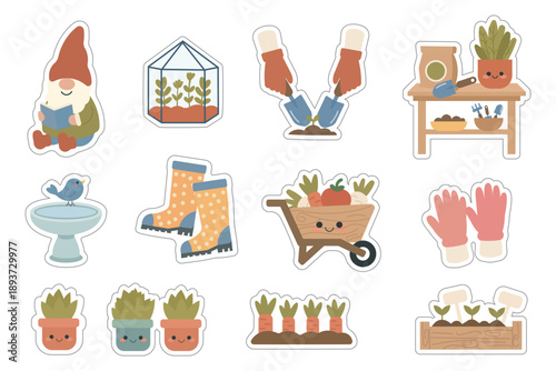 Hand-Drawn Style Gardening Sticker Set