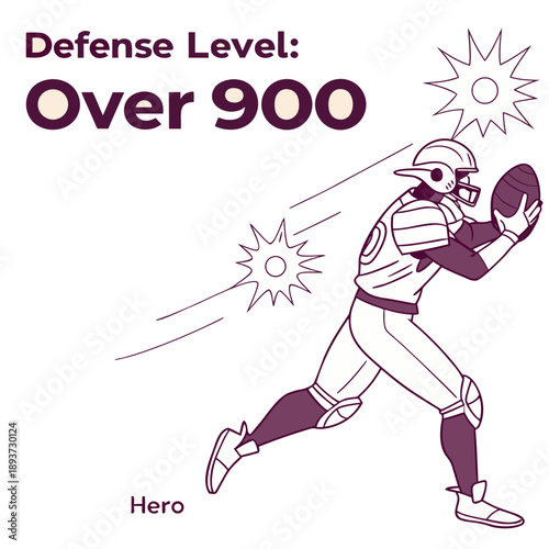 Defense Level Over 900: A dynamic graphic showcasing a determined football player in action, illustrating strength and resolve with bold visuals.