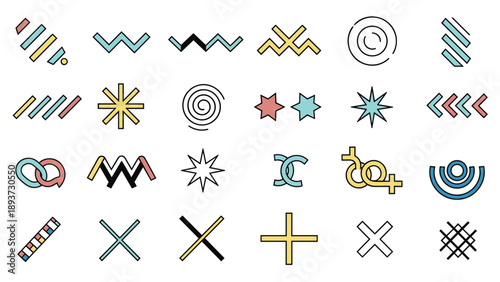 Collection of colorful geometric shapes and symbols in the Memphis design style including zigzags, stars, crosses, and swirls.