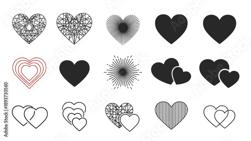 Variety of heart icons in different styles including solid black, line art, mesh patterns, and interlocking shapes for diverse designs.