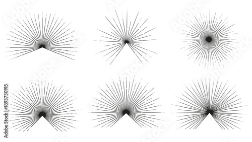 Set of six semi-circular icons with radiating black lines of different densities and patterns resembling sunrises or fan shapes.