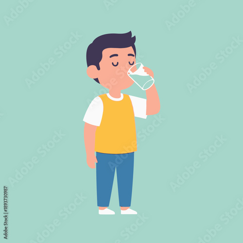 Boy Drinking Water Illustration – Child Hydration and Healthy Lifestyle Cartoon for Education & Wellness Design