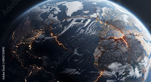 The earth fractured and cracking apart, showing glowing fissures and tectonic plate movement, a powerful visual metaphor for global crisis and impending disaster