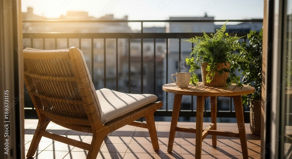 Fototapeta premium Sunny balcony scene with a wicker chair wooden table steaming mug and potted plants overlooking an urban backdrop