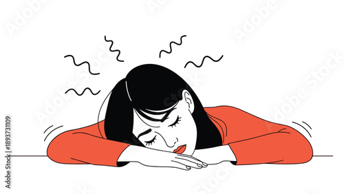 Expressive black and white line art of a woman in a red shirt resting her head on her arms with a weary or pensive facial expression.