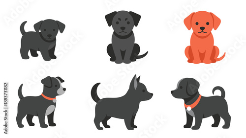 Collection of six cute cartoon puppy illustrations in various colors and poses including sitting and standing with colorful collars.