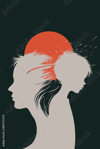 Inner Child Explodes from Adult Head under Red Sun Silhouette