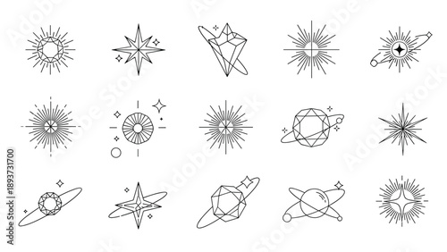 Set of linear icons featuring stars, sparkle bursts, geometric gems, and celestial symbols for mystical or modern designs.