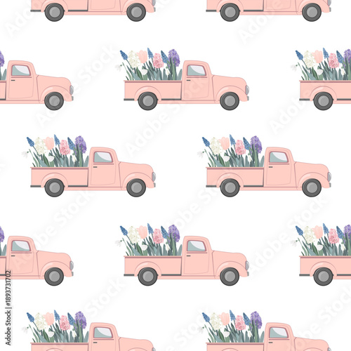 Red vintage pickup truck with first flowers Seamless Pattern. Happy Spring Background. Vector illustration.