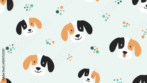 Playful seamless pattern featuring cute dog faces with black and orange patches surrounded by colorful dots on a light blue background.