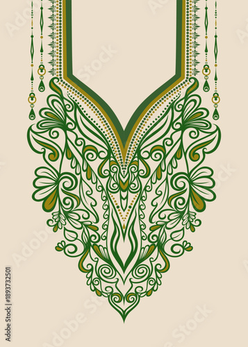 Long boho garment panel vector with extended neckline and symmetrical ornamental floral motifs. Ideal for maxi dress, kaftan, tunic, textile printing and vertical apparel placement design.