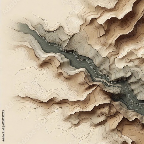 Abstract cartographic map with flowing contour lines, muted earth tones, minimal and artistic geographic aesthetic
