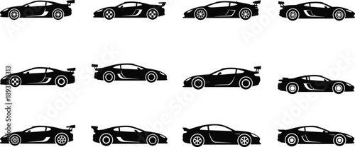 Collection of modern sports car silhouettes in various styles showcasing racing, speed, performance and automotive design concepts