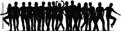 Group of young people silhouettes standing together expressing energy fun unity friendship diversity lifestyle celebration concept