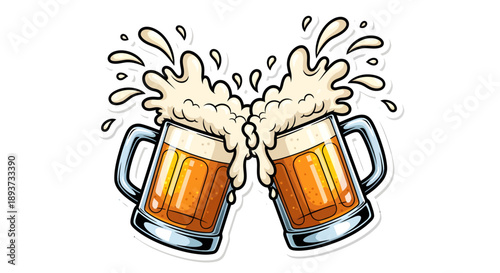 Fun cartoon illustration of two beer mugs clinking together with foamy splash.
