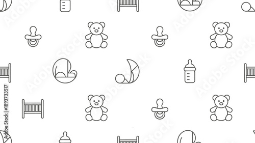 Seamless repeating texture displaying various simple line drawings related to baby care equipment, including cradles and rattles on a white background.