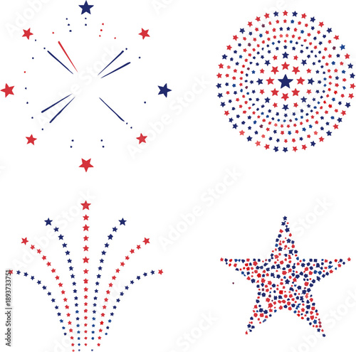Vector illustration of four patriotic icons — firework bursts, concentric star rings, upward arcs, and star-filled badge — ideal for July 4th printables, celebration graphics, and USA-themed design pa