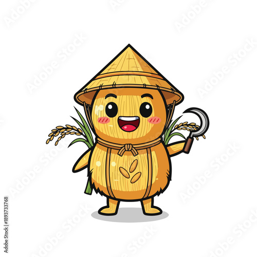 Cute Farmer Mascot Harvesting Rice