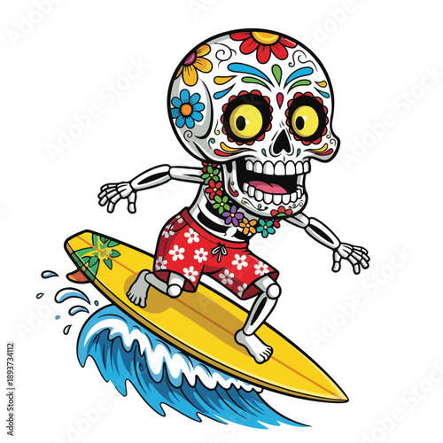 Sugar Skull Surfer Surfs a Wave