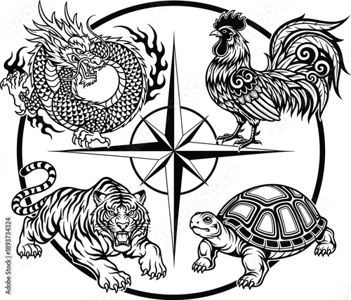 Four mythological creatures including dragon, tiger, rooster, and tortoise around a compass rose, traditional oriental celestial animals, ancient chinese feng shui vector