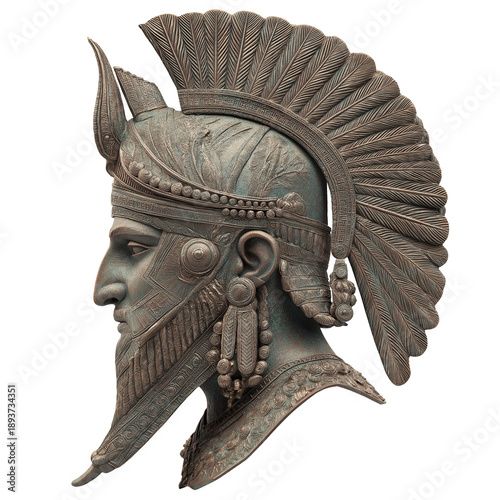 Ancient King bust with ornate helmet and beard profile, isolated on white, png