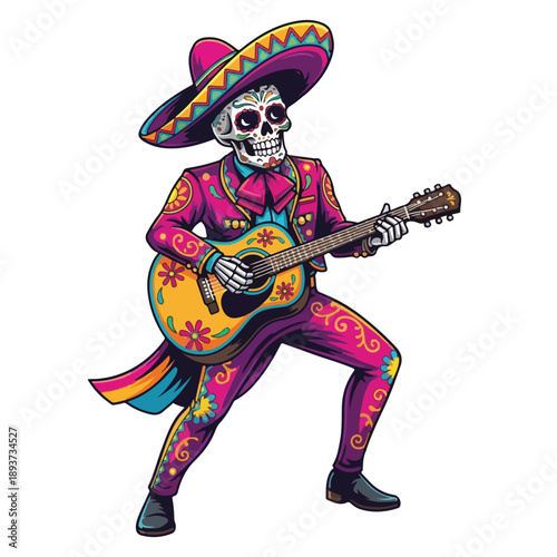 Day of the Dead Guitarist Skeleton in Colorful Suit and Sombrero