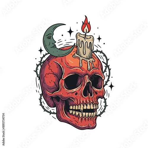 Mystical red skull with burning candle and crescent moon, occult gothic tattoo design with thorns, horror vector illustration
