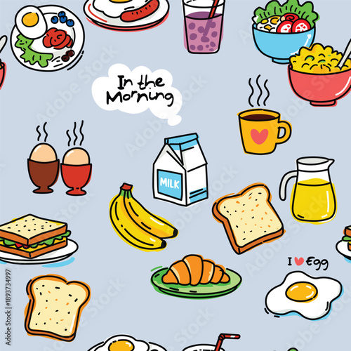 Hand-Drawn Breakfast Food Collection for a Cheerful Morning