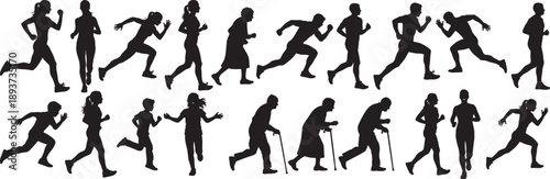 Silhouette Evolution of Running and Walking People of Different Ages Isolated on White Background