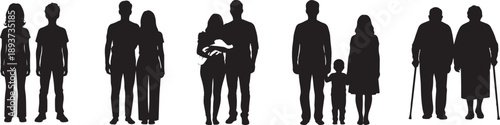 Family generations silhouette set depicting children, parents, couples, and elderly in black vector illustration