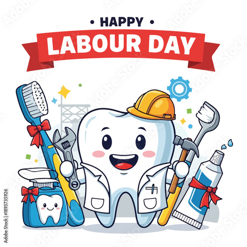 Happy Labour Day Tooth Cartoon with Tools