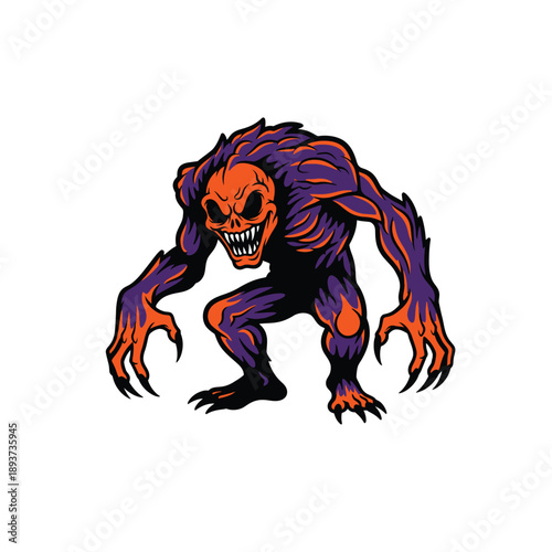 Scary purple and orange monster beast with sharp teeth, creepy halloween creature mascot, horror pop art vector illustration