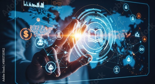 Wallpaper Mural A hand interacts with a glowing digital interface displaying a book icon surrounded by technology symbols, network nodes, and financial icons across a blue digital landscape with data charts. Torontodigital.ca