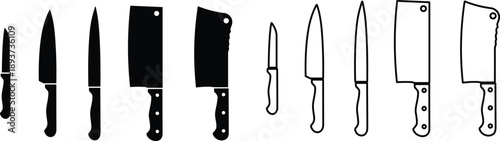 set of kitchen knife line and flat silhouette. Meat cutting knives collection. Vector illustration