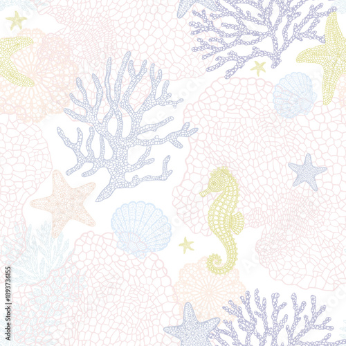 Fotografía Delicate seamless marine lace vector pattern with airy coral branches, starfish and seahorses