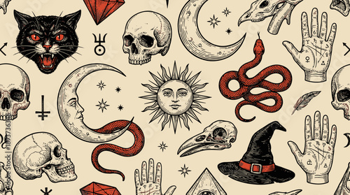 Vintage Occult Pattern: Engraved Skulls, Black Cat, Snake, Moon, Sun, and Witchcraft Symbols. Seamless Mystic Etching Texture.