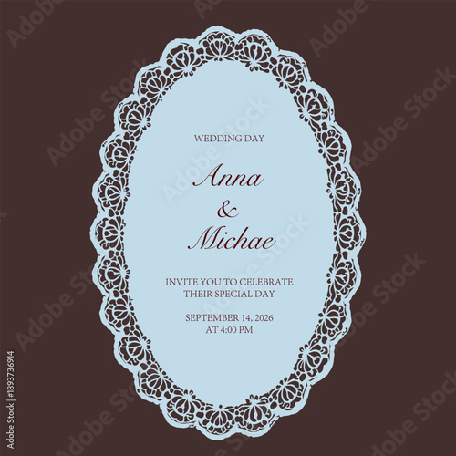 Elegant oval lace frame with decorative cutout paper swirl border, romantic wedding invitation or save the date card template, vintage ornamental label, vector illustration.