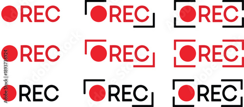 Recording sign icon set. Red logo camera video recording symbol collection, rec icon group