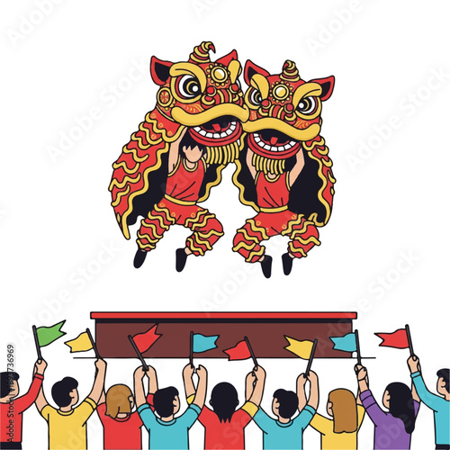 Illustration of a lion dance performance with people waving flags in a colorful and festive scene with a white background.
