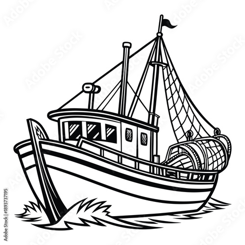 A striking black and white illustration depicts the stern of a sailboat skimming across waves high quality