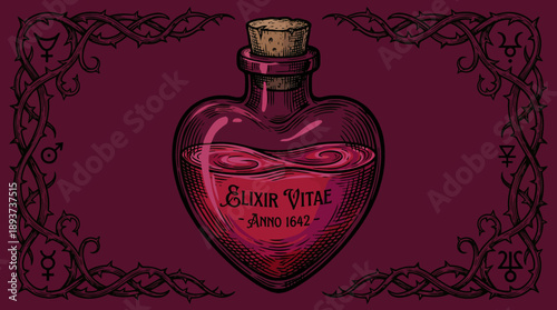 Gothic Elixir Vitae Heart Potion Bottle: Vintage Engraving of Alchemy and Occult Symbols with Thorny Border.